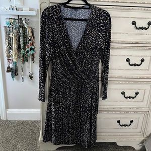 Chaps Blue‎ Black Brown Tan Abstract Print Faux Wrap Dress Size Large